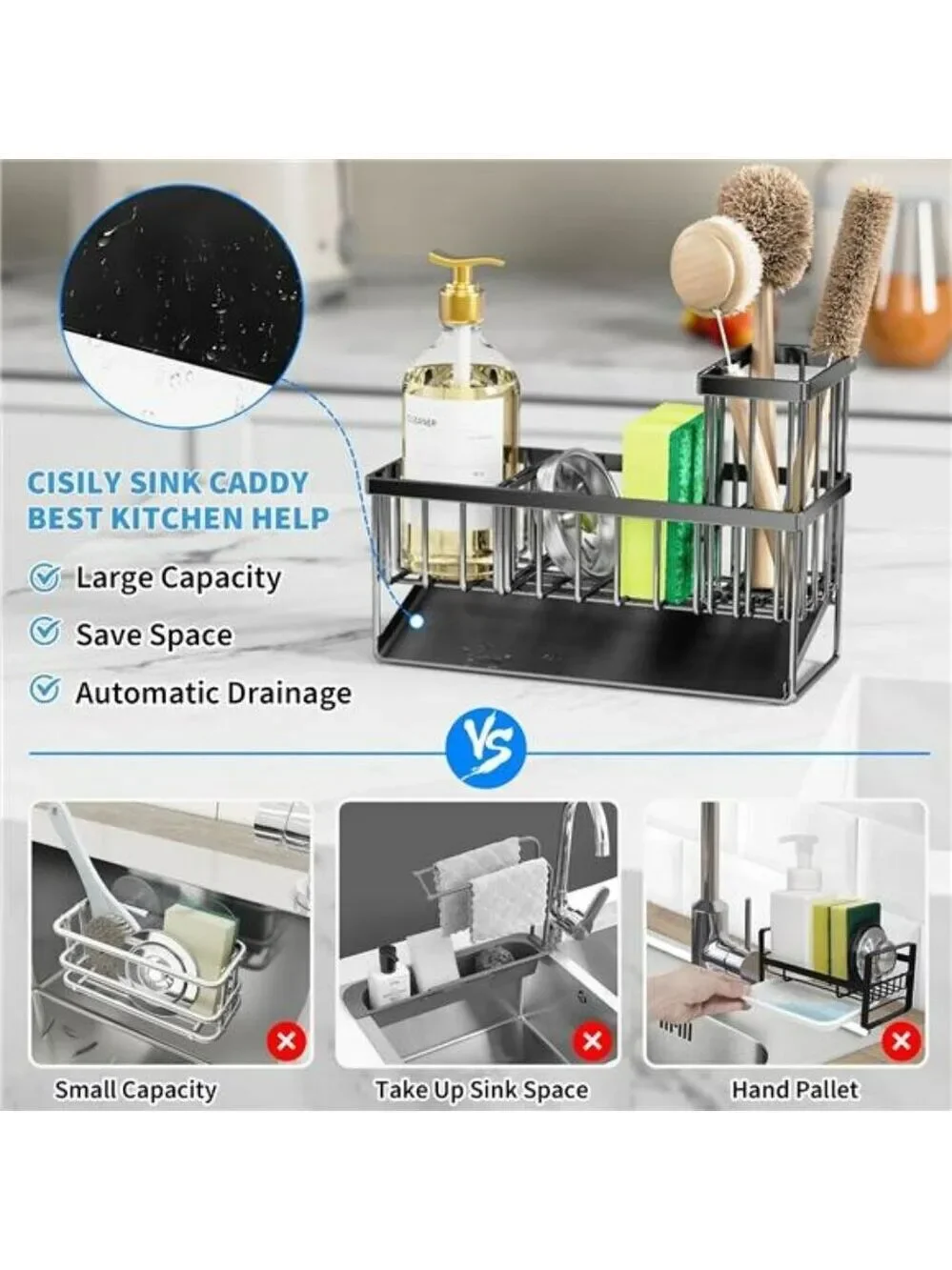 Cisily Stainless Kitchen Sink Caddy Organizer with Brush Sponge Holder Rack